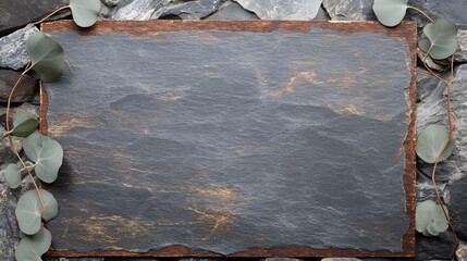 Dark Gray Stone Slate Texture Background with Eucalyptus Leaves