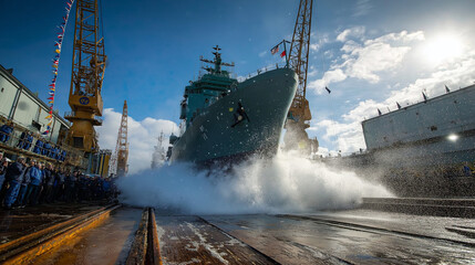 New ship launching at shipyard with water splash and cheering crowd  