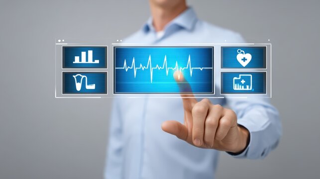 Man Using Touchscreen Interface to Monitor Health Metrics and Data Analysis in Medical Technology