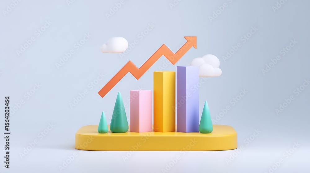 Aufkleber colorful 3d bar graph representing business growth with trees and clouds in a minimalist design