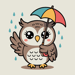 Cartoon owl with big eyes holding a colorful umbrella standing in the rain vector art style