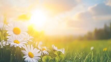 Sunrise Daisies in Lush Green Meadow Summer Field