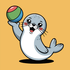 Cartoon seal balancing a colorful ball on its flipper against a yellow background vector