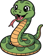 A cartoon green snake with big eyes and a pink tongue curled up on a white background smiling sweetly