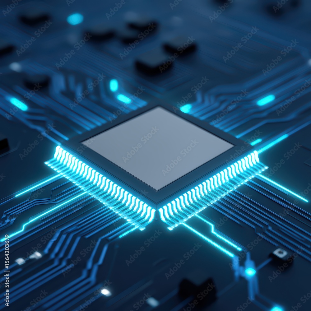 Aufkleber close-up view of a central processing unit with blue circuitry and glowing led lights on a motherboa