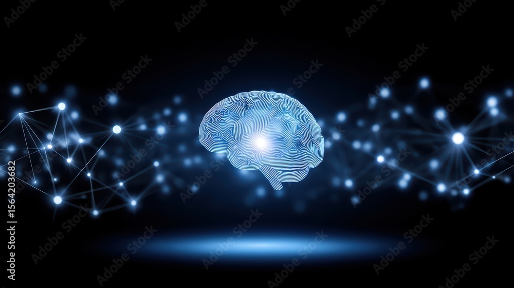 Poster digital brain visualization with network connections and glowing nodes on dark background