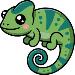 vector of a cartoon chameleon with green skin and a curled tail on a white background
