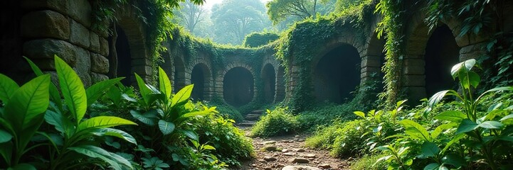 Fototapeta premium Jungle Reclaims Ancient Ruins Lush Vegetation Overtakes Forgotten Civilization Stone Structures