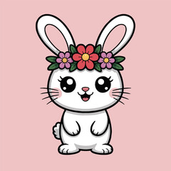 Cartoon bunny with flower crown and big eyes on a pink background in a cute vector style