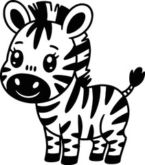 A cartoon zebra standing with a smile on its face and black stripes against a white background space filler