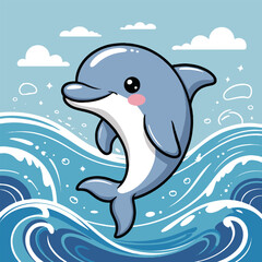 Obraz premium Cartoon dolphin jumping out of the water with clouds in the sky and a cute kawaii style design art