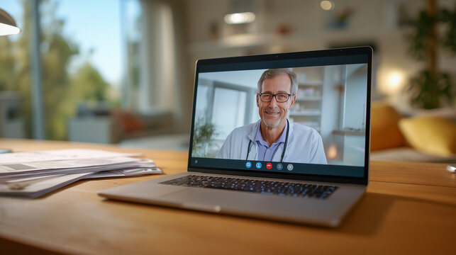 Doctor video calling from laptop in home office with natural light - Powered by Adobe