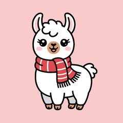 Cartoon llama with a red and white striped scarf standing on a pink background looking forward