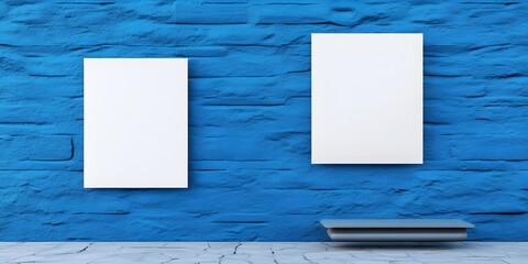 Blank White Posters on Blue Brick Wall Mockup