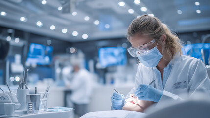 Female dentist performing a dental procedure in modern clinic  