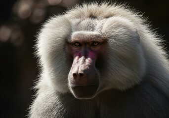 Obraz premium A hamadryas baboon with a thick white mane and pink face gazes intently in a close-up.