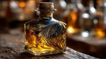 Glass Bottle Filled with Colourful Swirling Liquid on Rustic Wooden Table