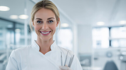 Smiling female dentist holding tools in modern dental clinic