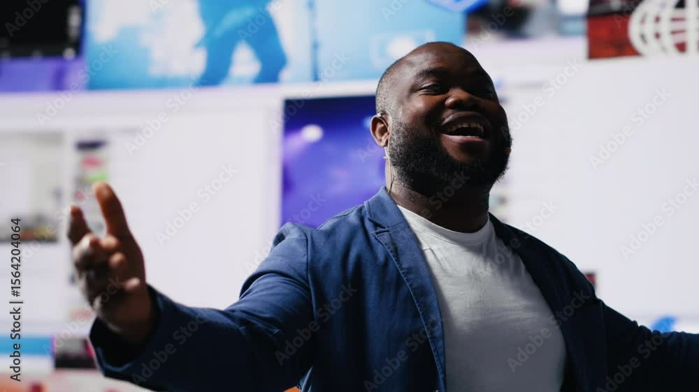 Poster african american host at digital event engages the audience with insights on social media trends, e 