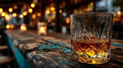 A Crystal Glass of Whiskey with a Blurred Bar in the Background