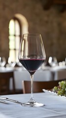 Elegant Red Wine Glass on Tablecloth, Restaurant Setting