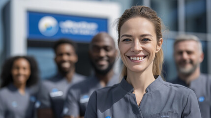 Obraz premium Smiling diverse team of professionals standing outside office building 