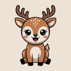 Obraz premium Cartoon vector of a cute baby deer with brown antlers and big eyes sitting on a beige background