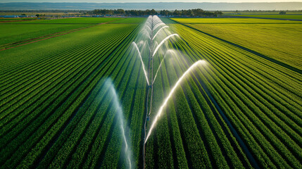 Agricultural fields with irrigation system in green landscape  