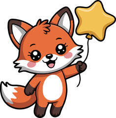 A cartoon fox holding a yellow star balloon smiling with big eyes on a white background vector