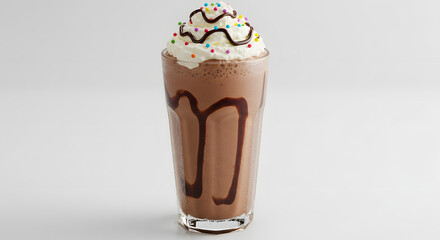 Delicious Chocolate Milkshake with Whipped Cream, Chocolate Syrup, and Colorful Sprinkles Against a White Background