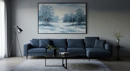 A modern living room with a dark sofa and a large painting on the wall.