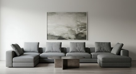 Modern gray sectional sofa with artwork and a small coffee table in the living room. 