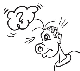 Cartoon character thinking with question mark cloud on WHITE background
