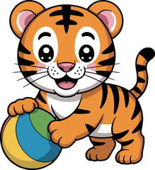 A cartoon tiger cub with big eyes holding a colorful ball on a white background vector image