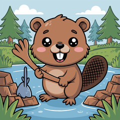 Cartoon beaver standing in water holding a stick with trees and sky in the background vector