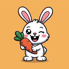 Fototapeta premium Cartoon white bunny winking and holding a carrot with a bright orange background in a cheerful style
