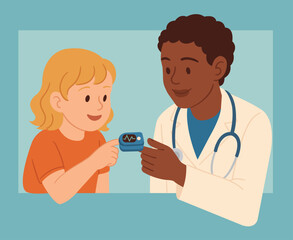 the doctor explains to the child how the heart rate monitor works. A doctor in a white coat with a stethoscope shows a small patient how to use a heart rate monitor. medical practice training.