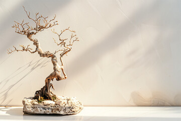 Dead Bonsai on stone base with tall winding branches and sunlit backdrop casting linear shadows on neutral surface