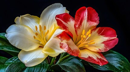 Stunning Closeup of Two Alstroemeria Lilies, Red and White Flowers