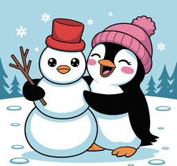 Cartoon penguin hugging a snowman with a red hat in a winter scene with snowflakes and trees