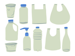 Hand Drawn Plastic Waste Icon Collection. A collection of 10 hand drawn plastic icons including bottles, bags, containers, and jugs in minimal outlined style. Perfect for waste awareness