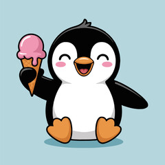 Cartoon penguin holding a pink ice cream cone with a happy expression on a light blue background