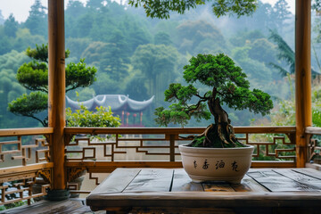 Bonsai in a Chinese Temple wooden balcony with intricate railings, forest view and soft light in tranquil setting