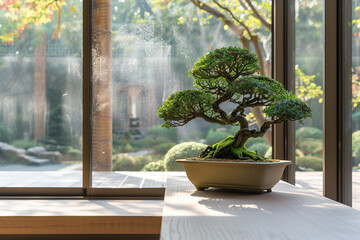 Bonsai in a Modern Home near large garden-facing windows with textured bark and dramatic natural side lighting
