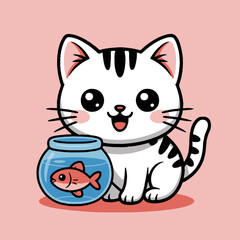 Cute cartoon cat with black stripes sitting next to a fishbowl on a pink background vector