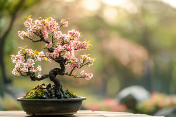 Bonsai in Bloom showing soft cherry blossoms in golden hour light with mossy base and shallow depth of field