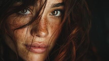 Close-up portrait of a woman with freckles and brown hair