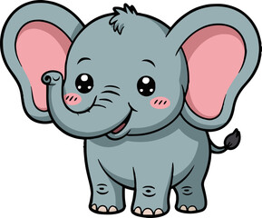 Cartoon vector of a cute baby elephant with big ears and a happy expression on a white background