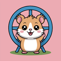 Cartoon hamster with a white belly and brown fur standing in front of a blue hamster wheel smiling
