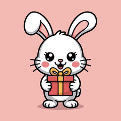 Cartoon white bunny holding a red gift box with a yellow bow on a pink background vector